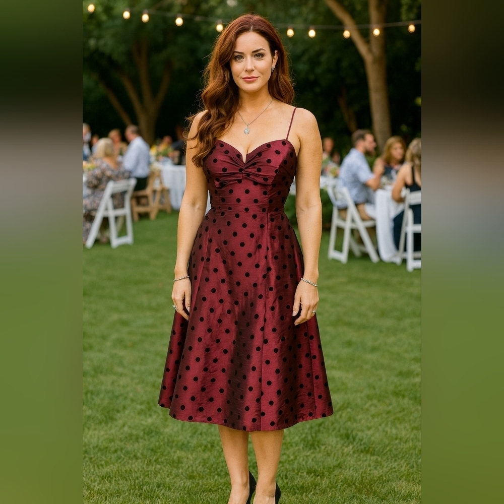 Elegant Burgundy and Black Polka Dot Midi Dress. Sz 10. No Stretch.